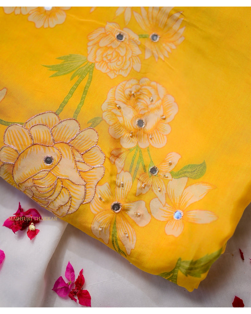 Yellow Floral Crepe Saree With Scallop Mirror Work