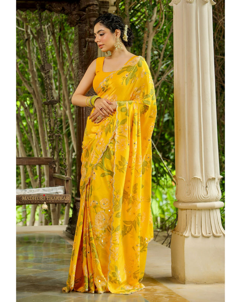Yellow Floral Crepe Saree With Scallop Mirror Work