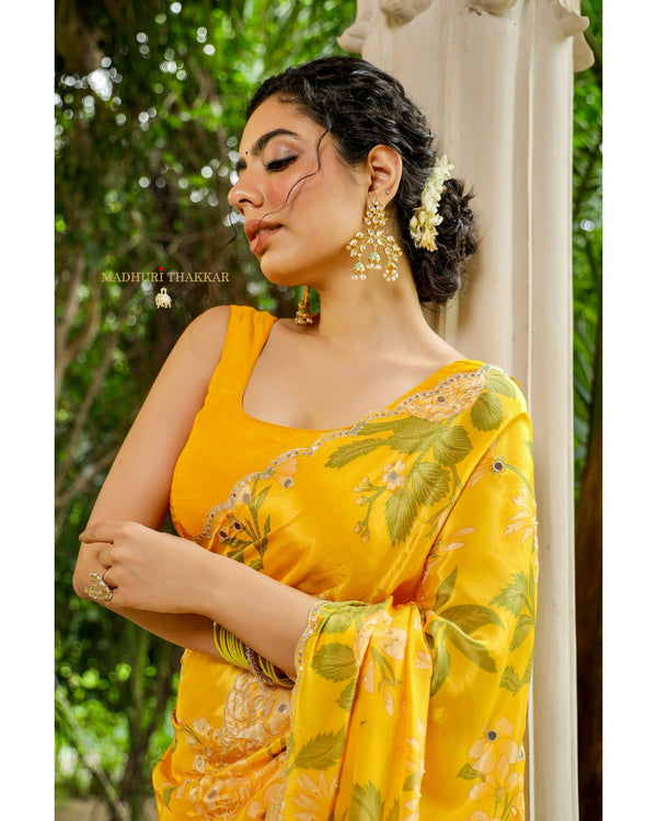 Yellow Floral Crepe Saree With Scallop Mirror Work