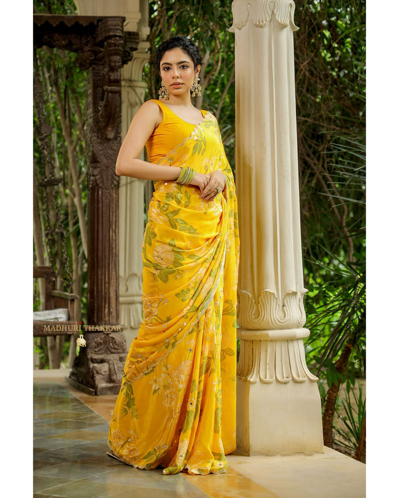 Yellow Floral Crepe Saree With Scallop Mirror Work