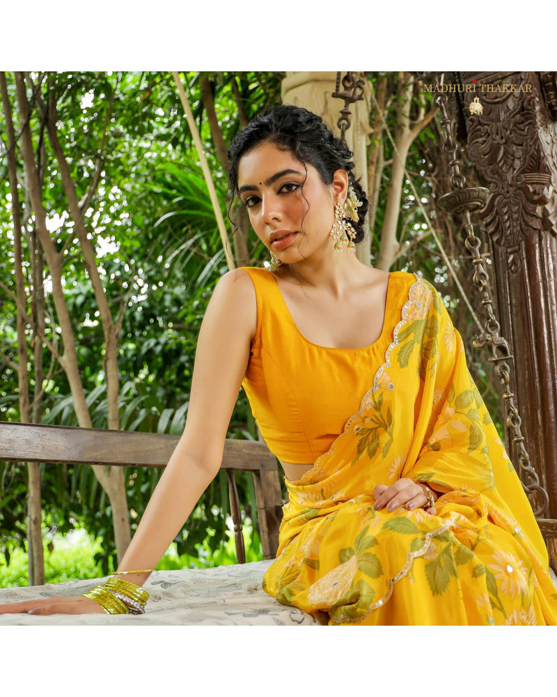Yellow Floral Crepe Saree With Scallop Mirror Work