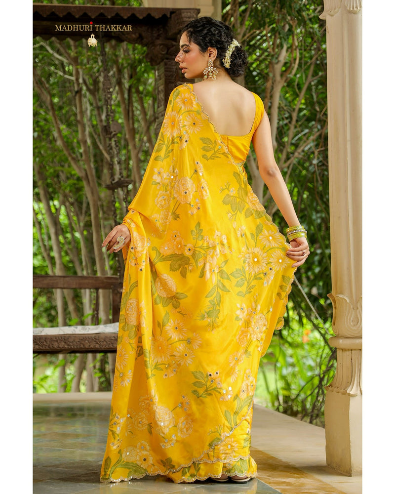 Yellow Floral Crepe Saree With Scallop Mirror Work