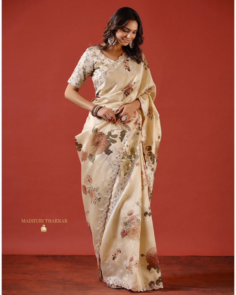 Beige Floral Tussar Saree With Scallop Mirror and Zari Work