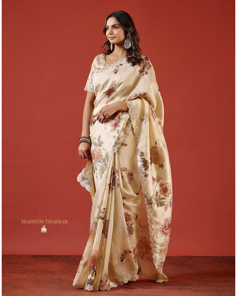 Beige Floral Tussar Saree With Scallop Mirror and Zari Work