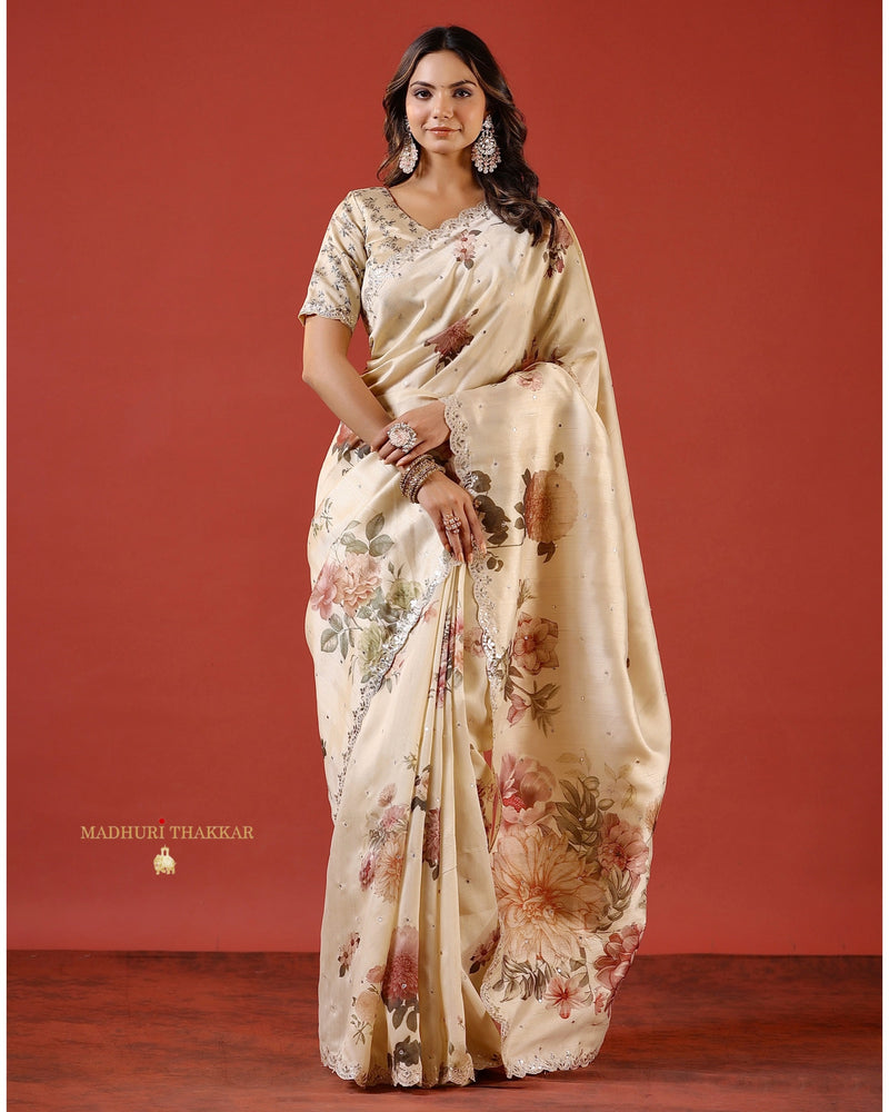Beige Floral Tussar Saree With Scallop Mirror and Zari Work