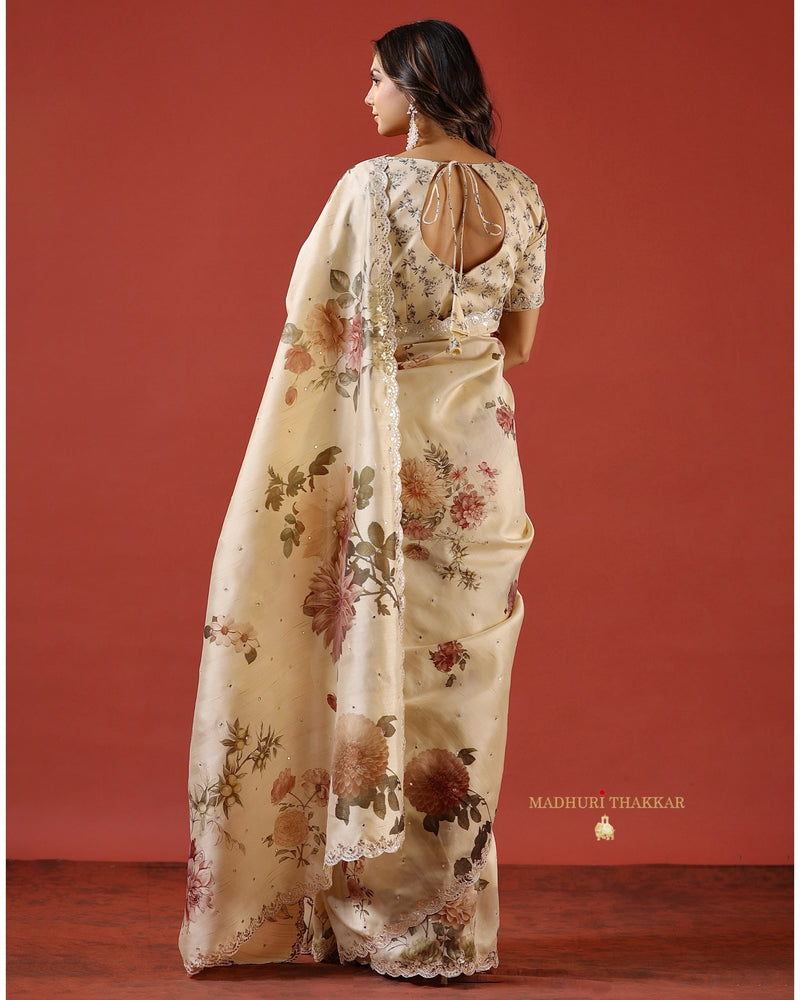 Beige Floral Tussar Saree With Scallop Mirror and Zari Work