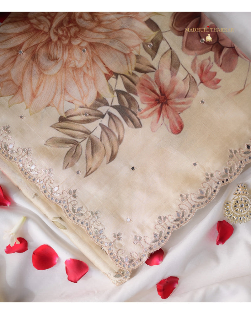 Beige Floral Tussar Saree With Scallop Mirror and Zari Work