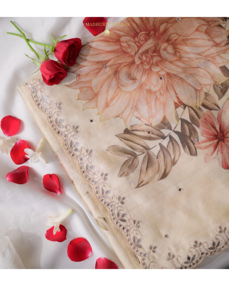 Beige Floral Tussar Saree With Scallop Mirror and Zari Work