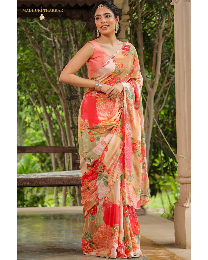Shades of Peach Crepe Saree With Scallop Mirror Work