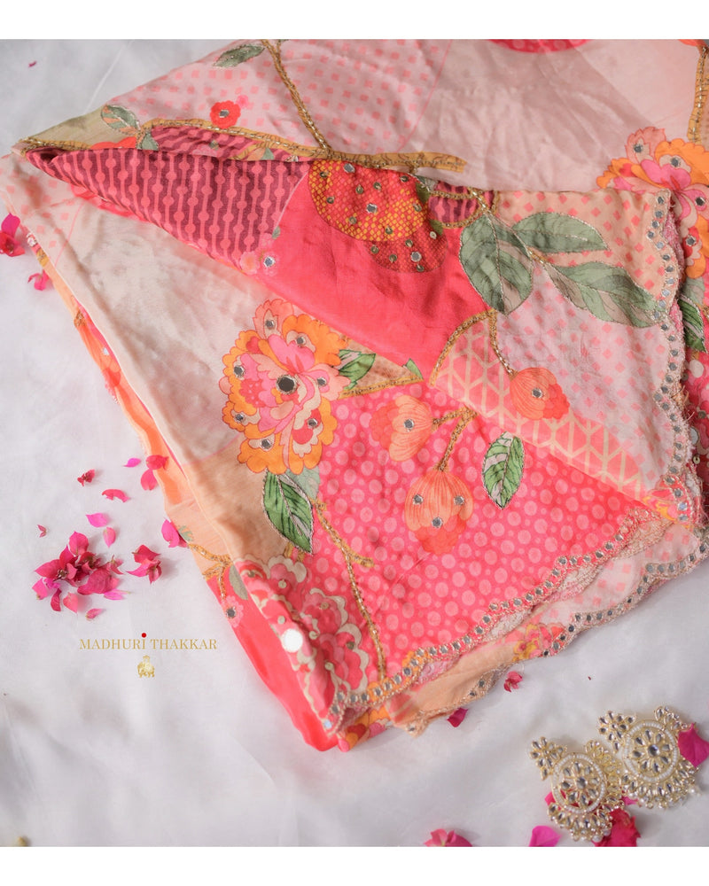 Shades of Peach Crepe Saree With Scallop Mirror Work