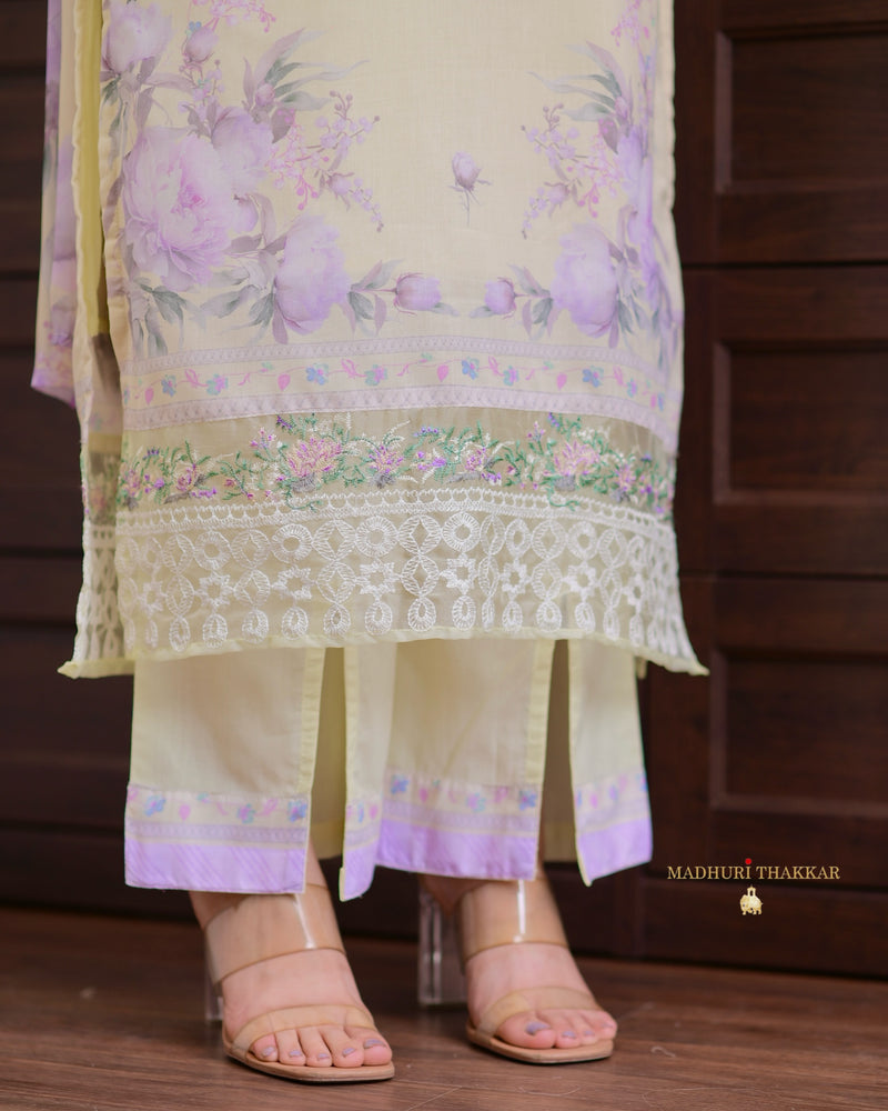 Lemon Yellow - Lilac Threadwork Mul Cotton Pak Suit