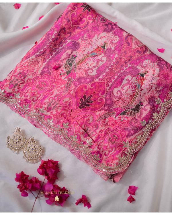 Pink Floral Chinnon Saree With Scallop Mirror Work