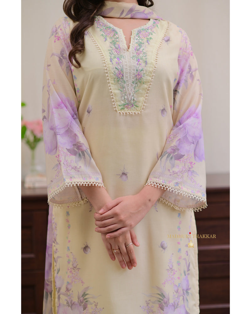 Lemon Yellow - Lilac Threadwork Mul Cotton Pak Suit