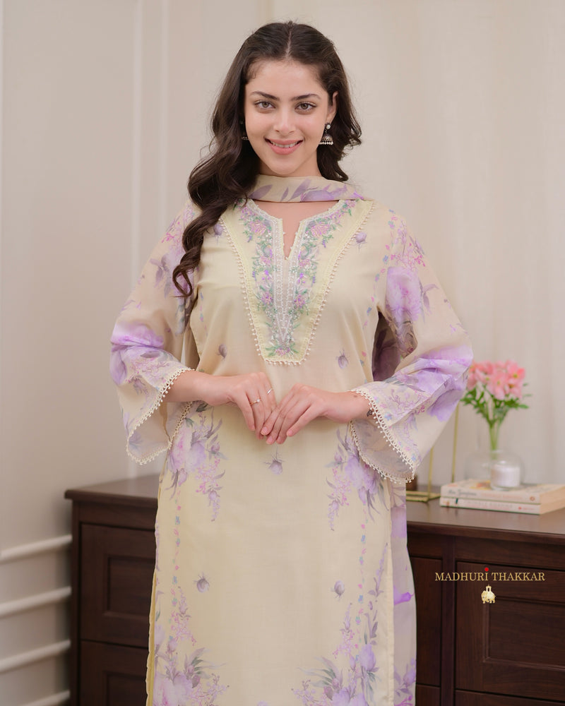 Lemon Yellow - Lilac Threadwork Mul Cotton Pak Suit