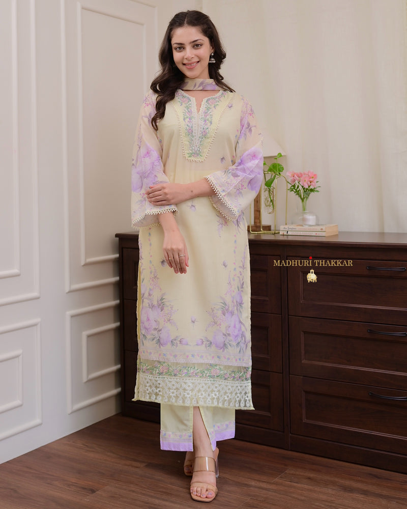 Lemon Yellow - Lilac Threadwork Mul Cotton Pak Suit