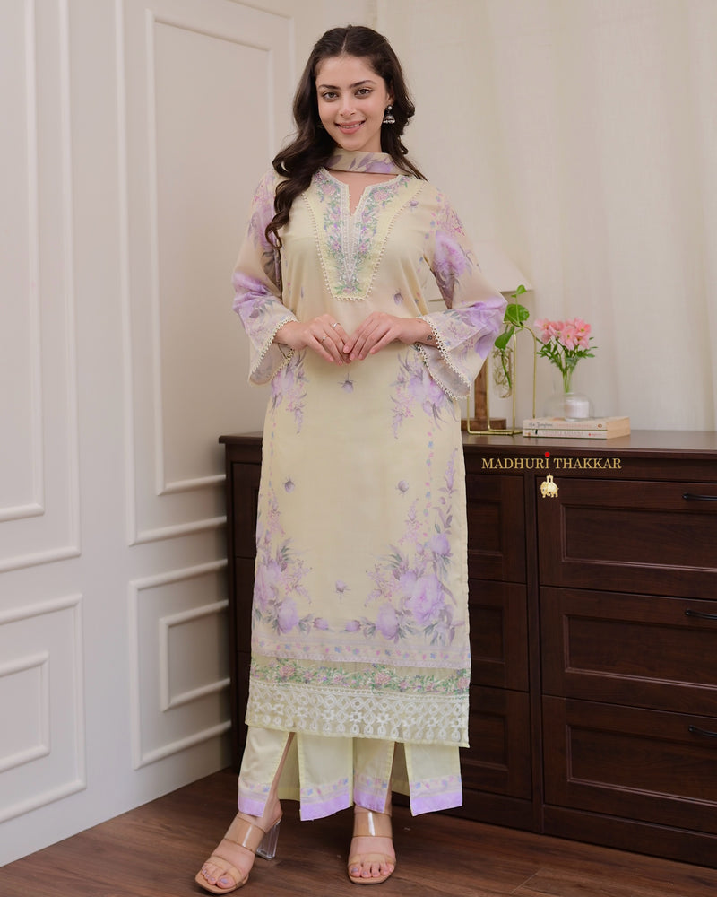Lemon Yellow - Lilac Threadwork Mul Cotton Pak Suit