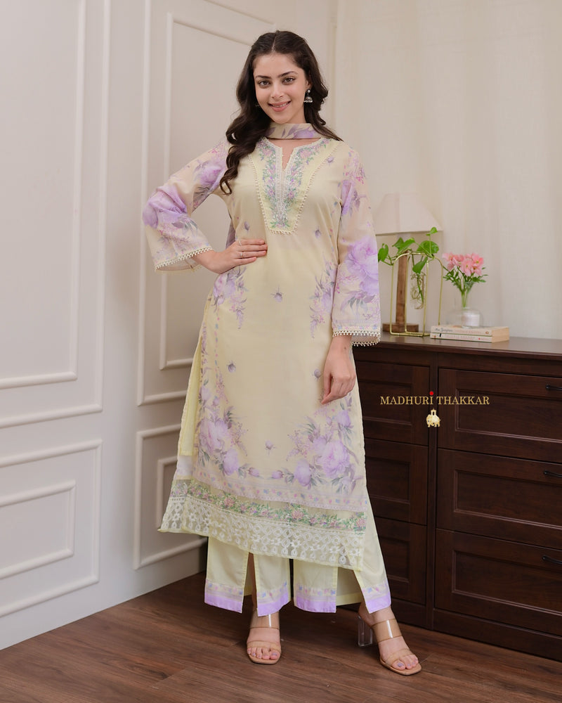 Lemon Yellow - Lilac Threadwork Mul Cotton Pak Suit