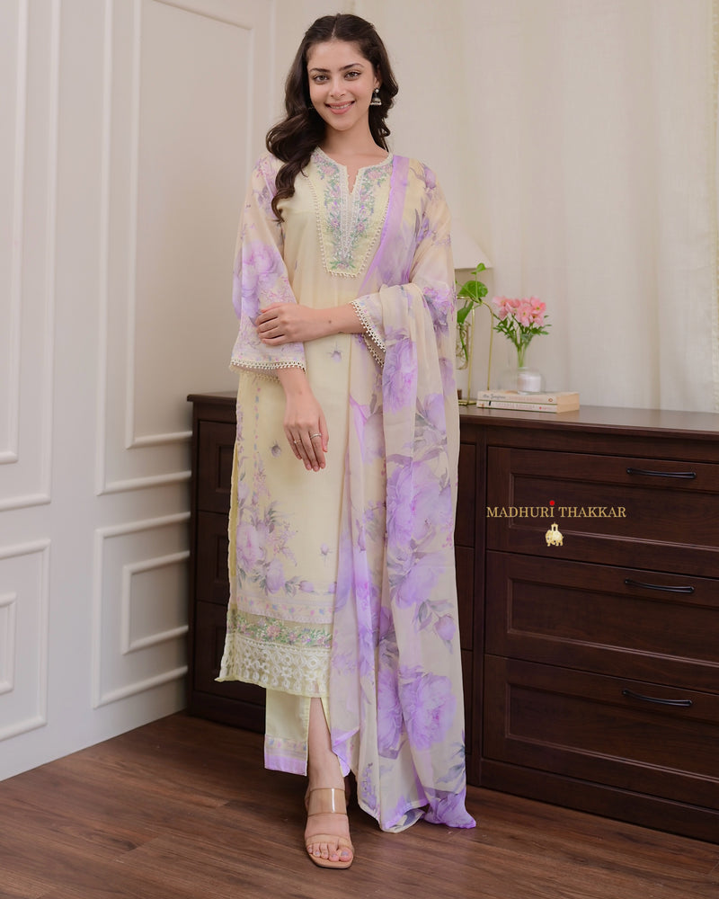 Lemon Yellow - Lilac Threadwork Mul Cotton Pak Suit