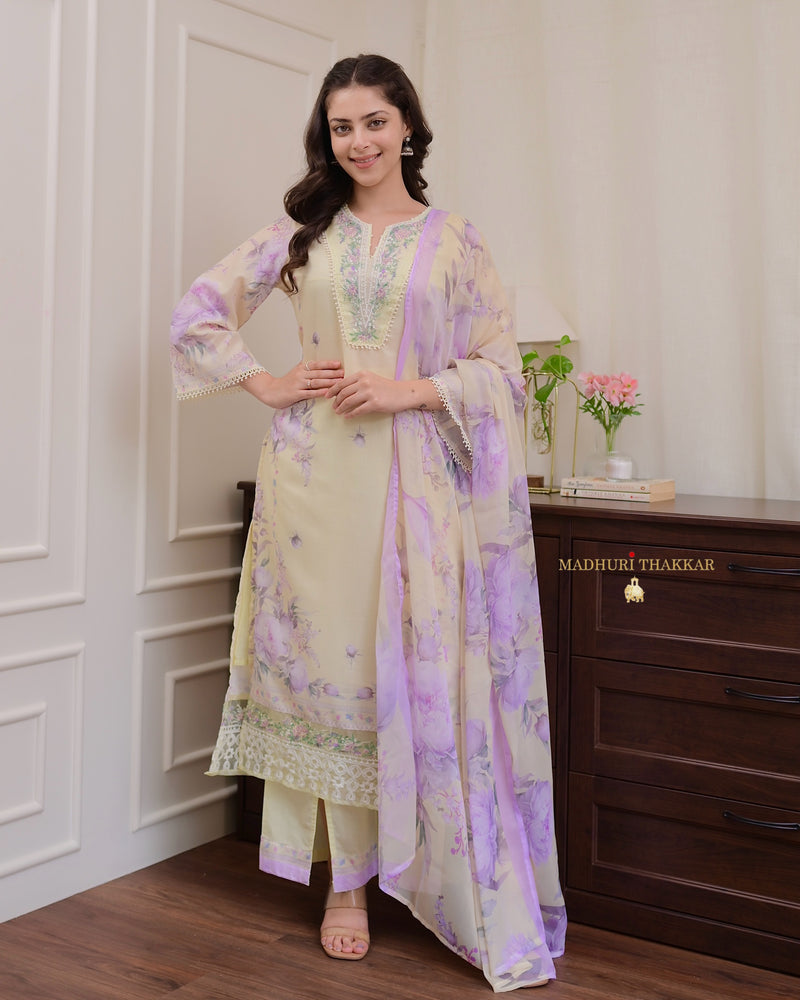 Lemon Yellow - Lilac Threadwork Mul Cotton Pak Suit