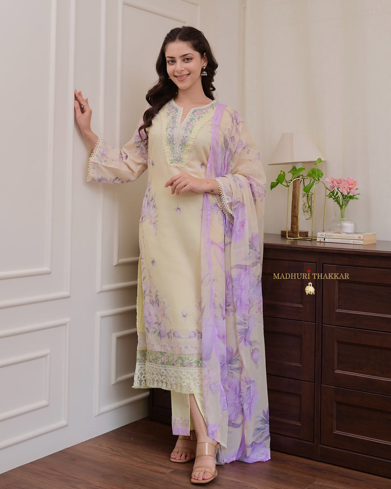 Lemon Yellow - Lilac Threadwork Mul Cotton Pak Suit