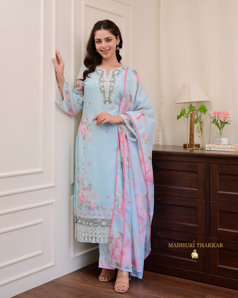 Powder Blue Threadwork Mul Cotton Pakistani Suit
