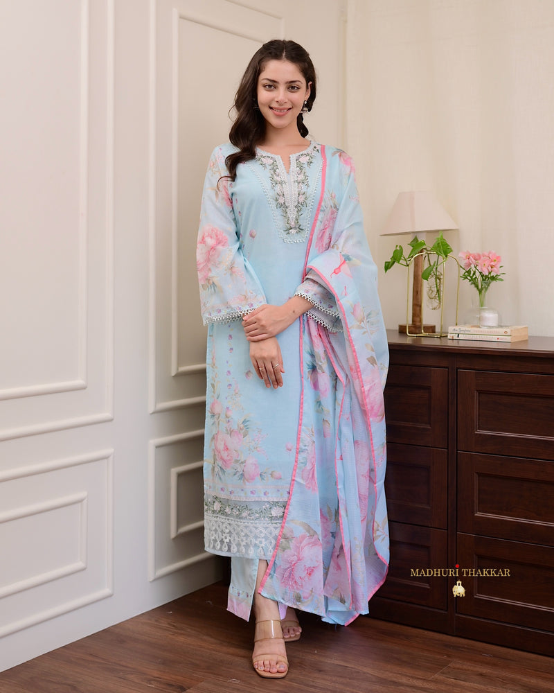 Powder Blue Threadwork Mul Cotton Pakistani Suit