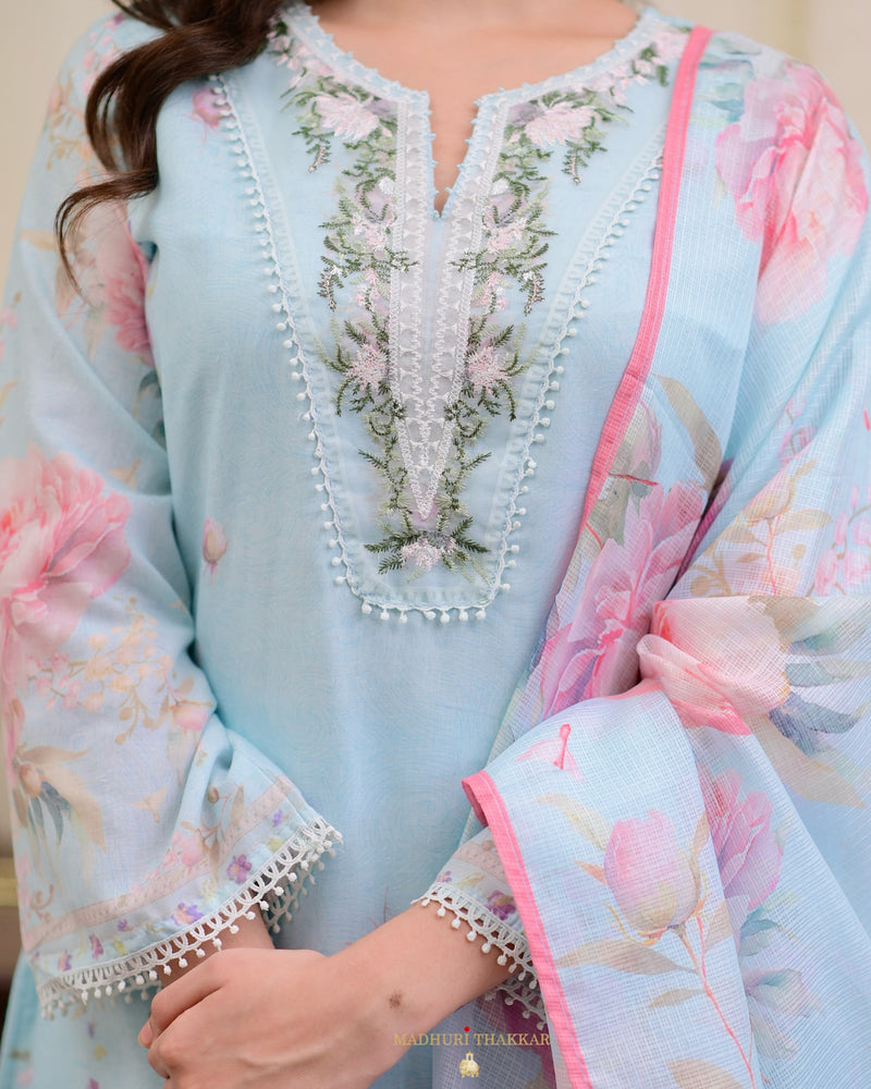 Powder Blue Threadwork Mul Cotton Pakistani Suit