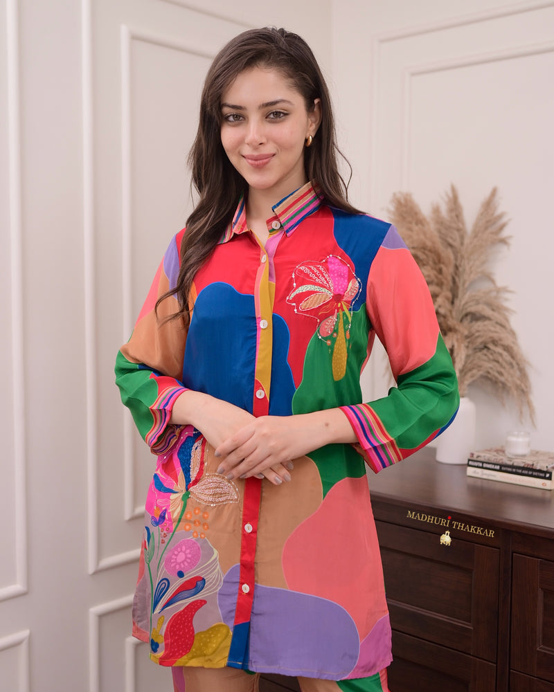 Multi Color Handwork Crepe Bustier Co-ord