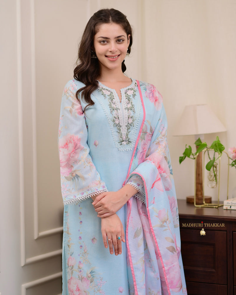 Powder Blue Threadwork Mul Cotton Pakistani Suit