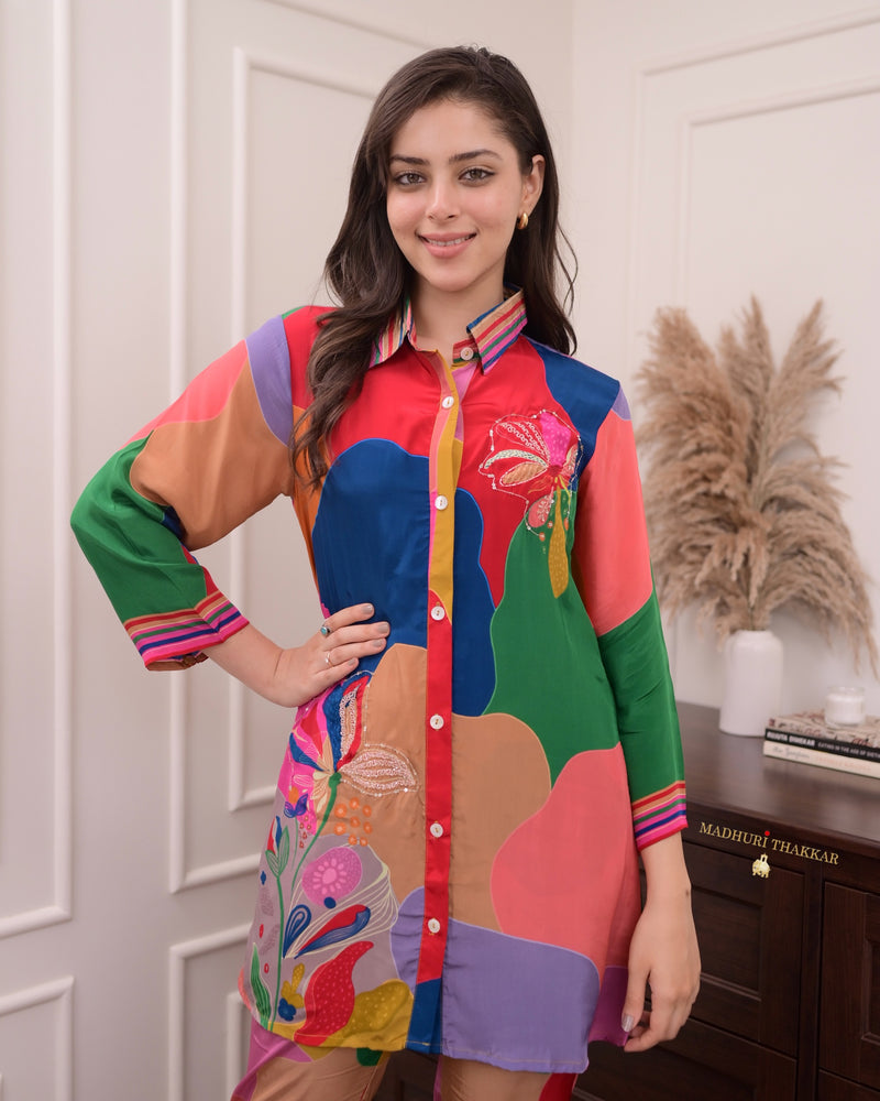 Multi Color Handwork Crepe Bustier Co-ord