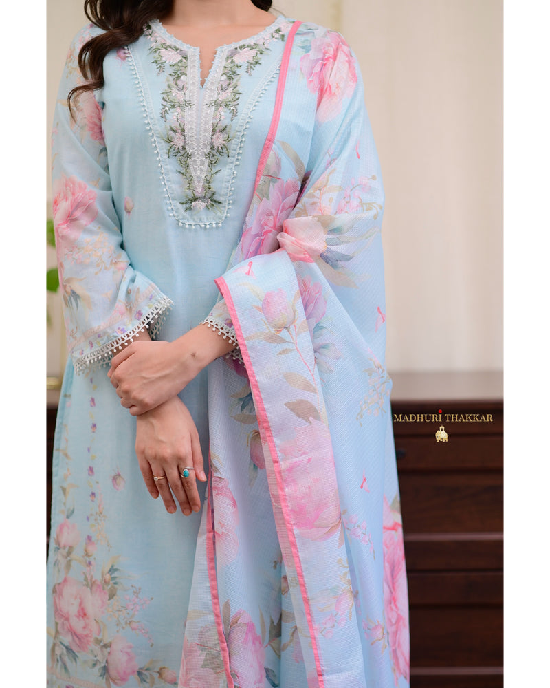 Powder Blue Threadwork Mul Cotton Pakistani Suit