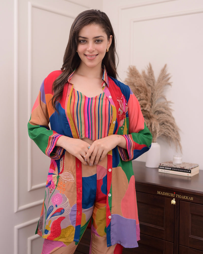 Multi Color Handwork Crepe Bustier Co-ord
