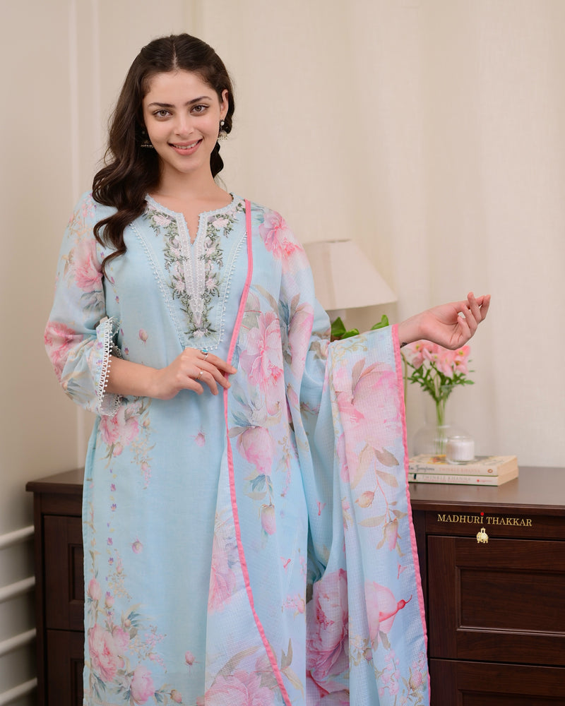 Powder Blue Threadwork Mul Cotton Pakistani Suit