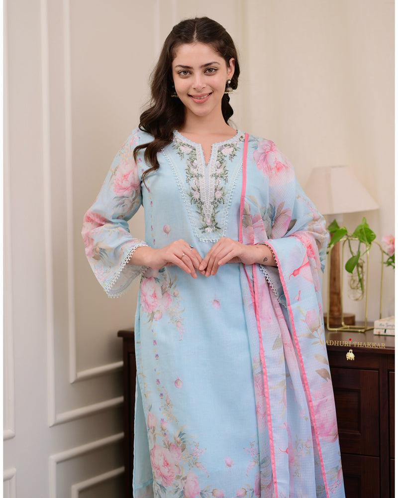 Powder Blue Threadwork Mul Cotton Pakistani Suit