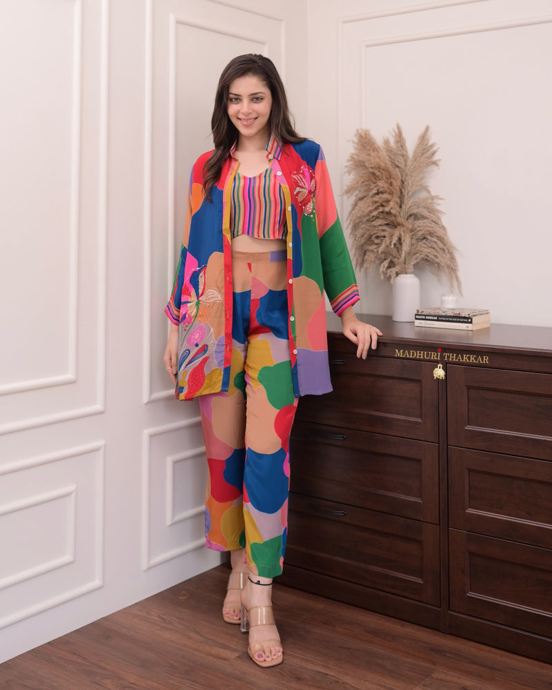 Multi Color Handwork Crepe Bustier Co-ord