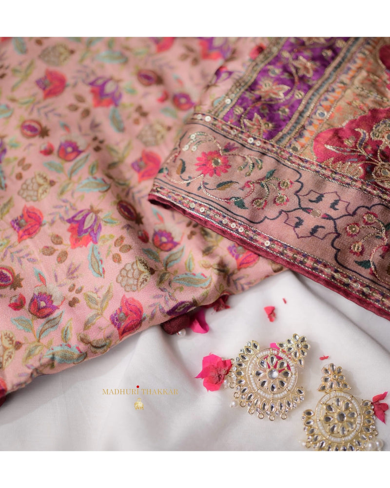 Mauve Maroon Satin Silk Handwork Saree