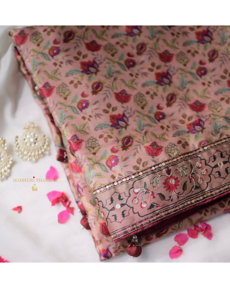 Mauve Maroon Satin Silk Handwork Saree