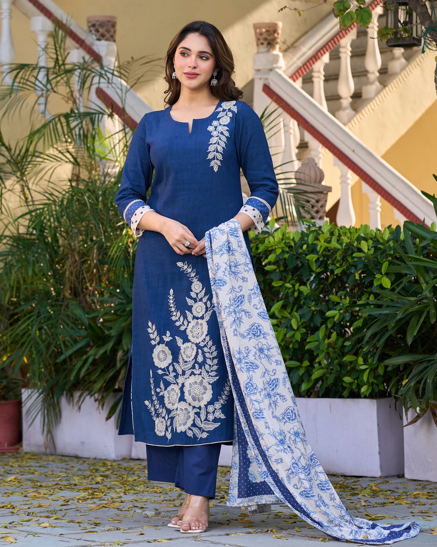 Navy Ivory Noor Threadwork Cotton Suit