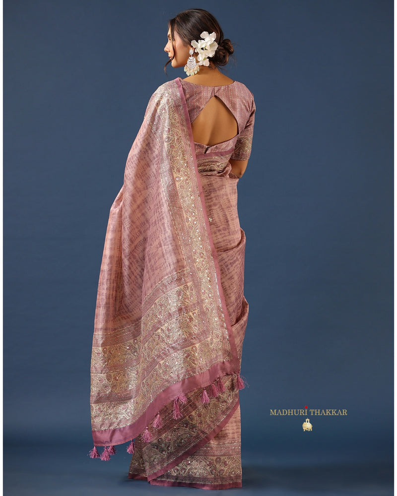 Lilac Floral Tussar Handwork Saree