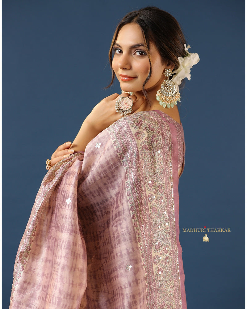 Lilac Floral Tussar Handwork Saree
