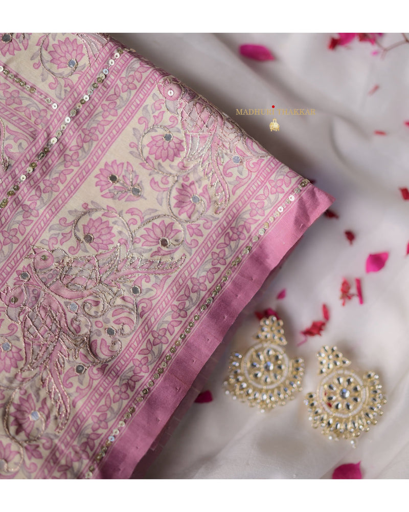 Lilac Floral Tussar Handwork Saree