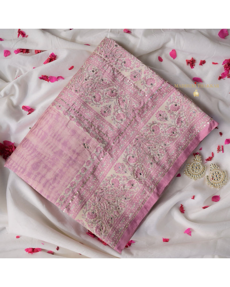 Lilac Floral Tussar Handwork Saree