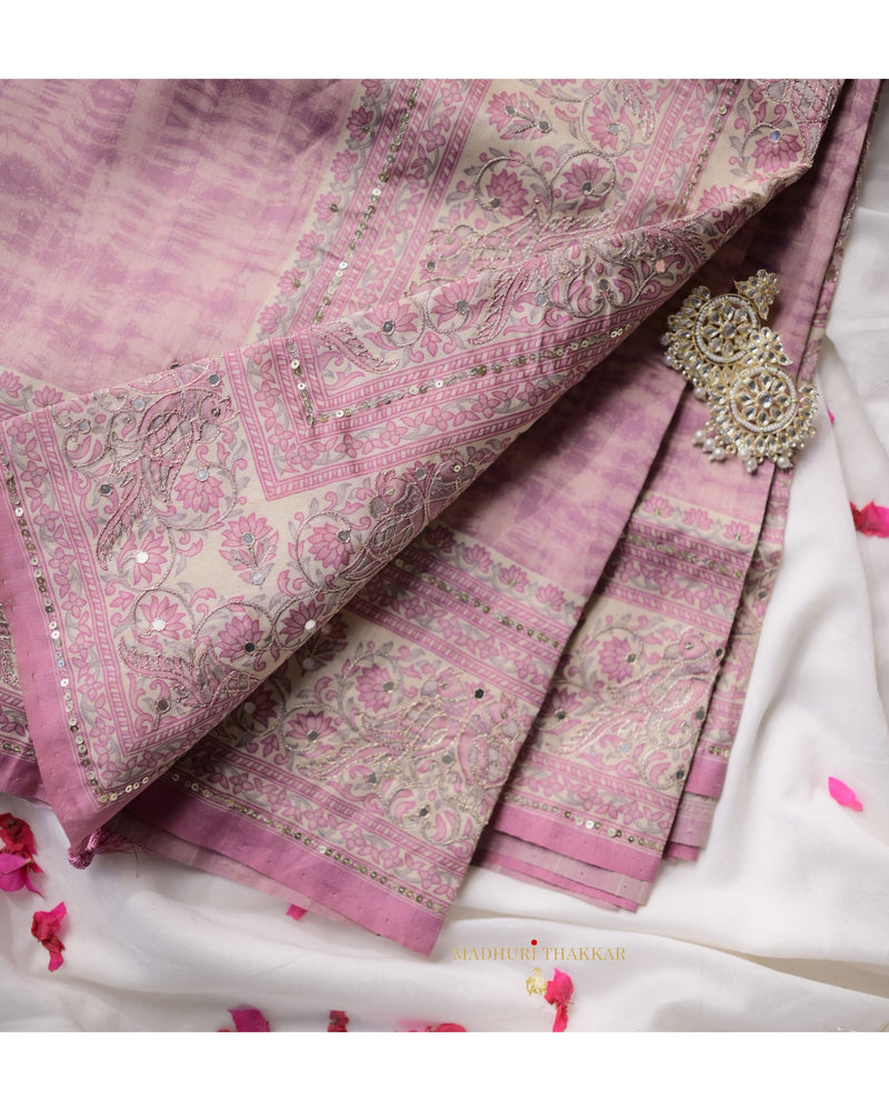 Lilac Floral Tussar Handwork Saree