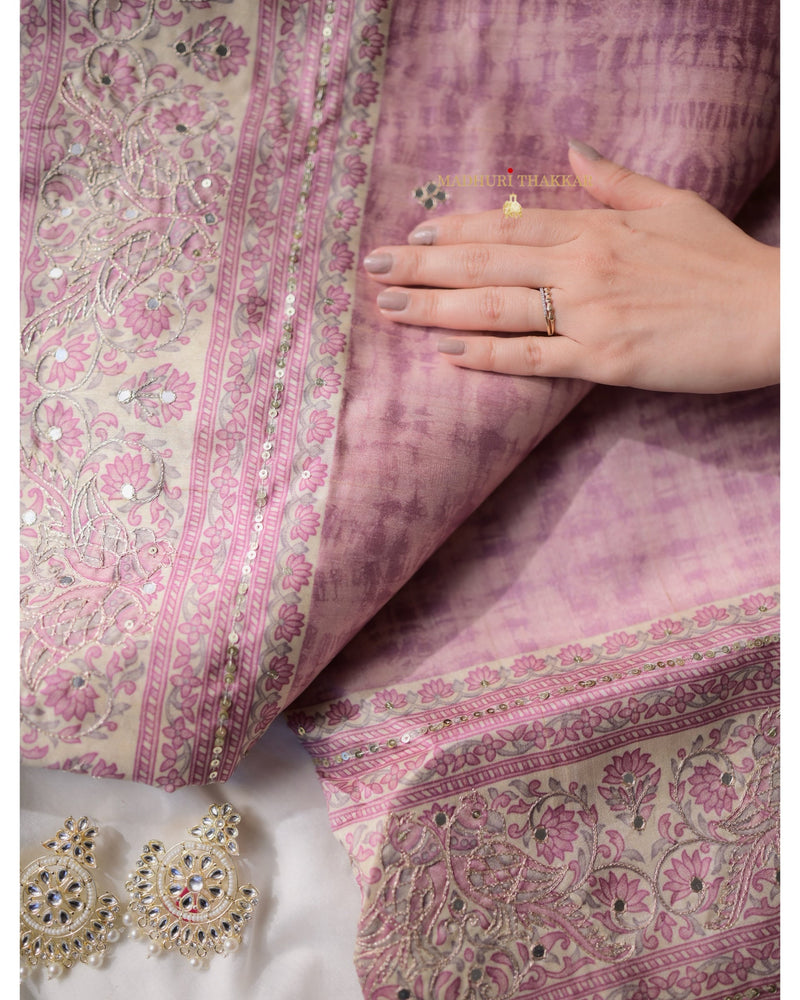 Lilac Floral Tussar Handwork Saree