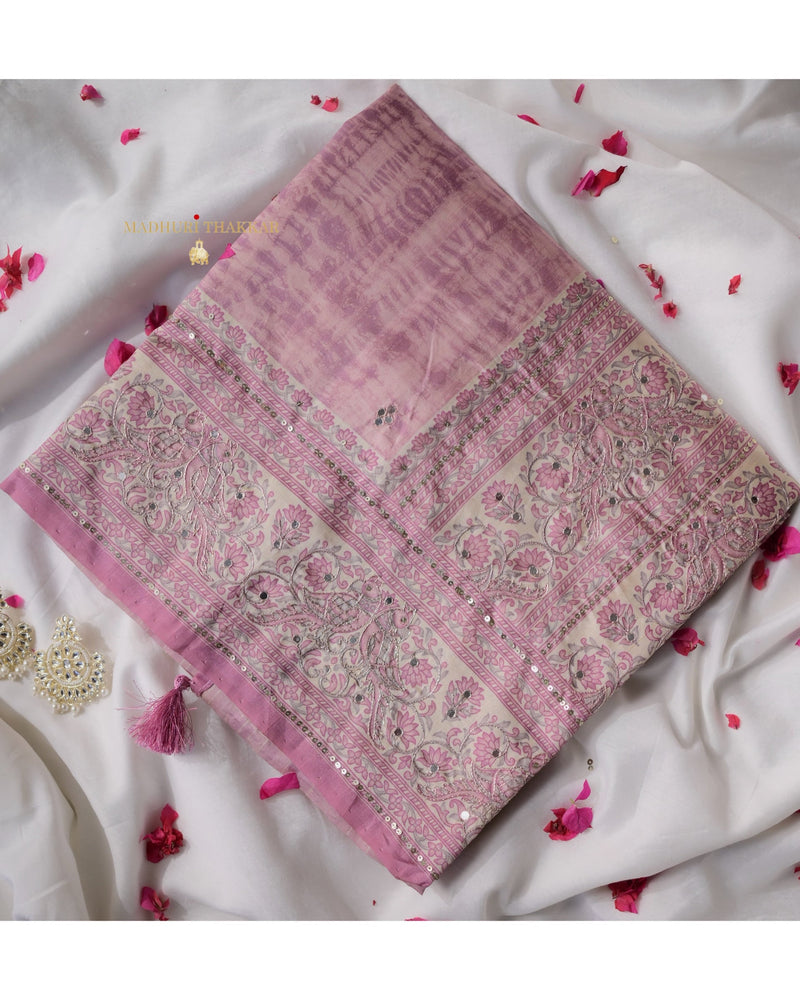 Lilac Floral Tussar Handwork Saree