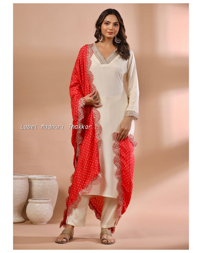 Ivory Muslin Suit with Bandhani Dupatta Label Madhuri Thakkar