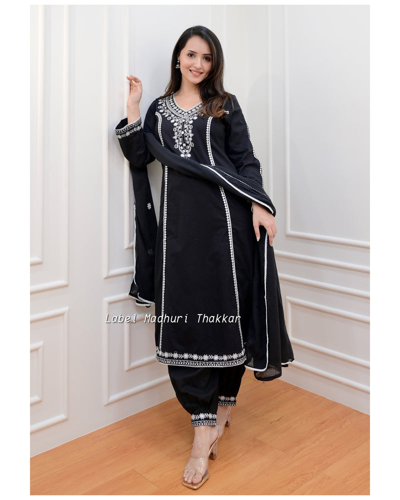 Black Threadwork A Line Afghani Suit