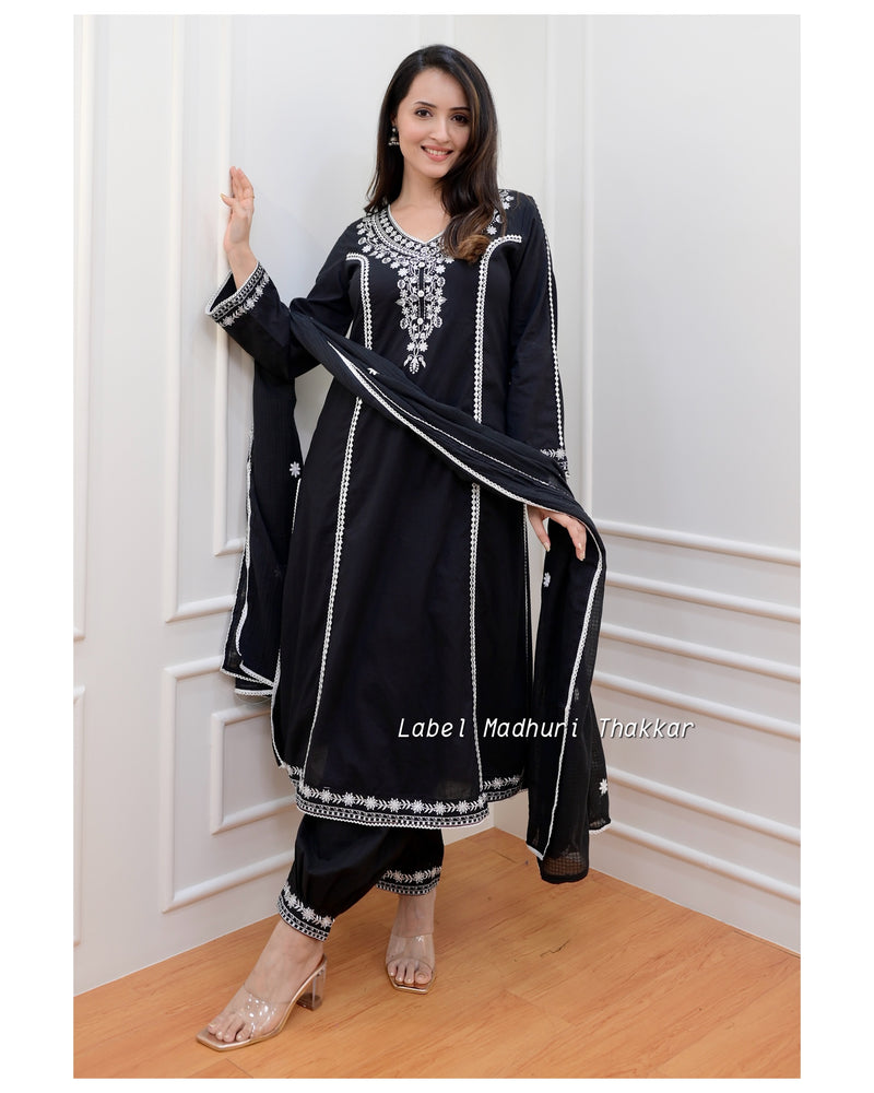 Black Threadwork A Line Afghani Suit