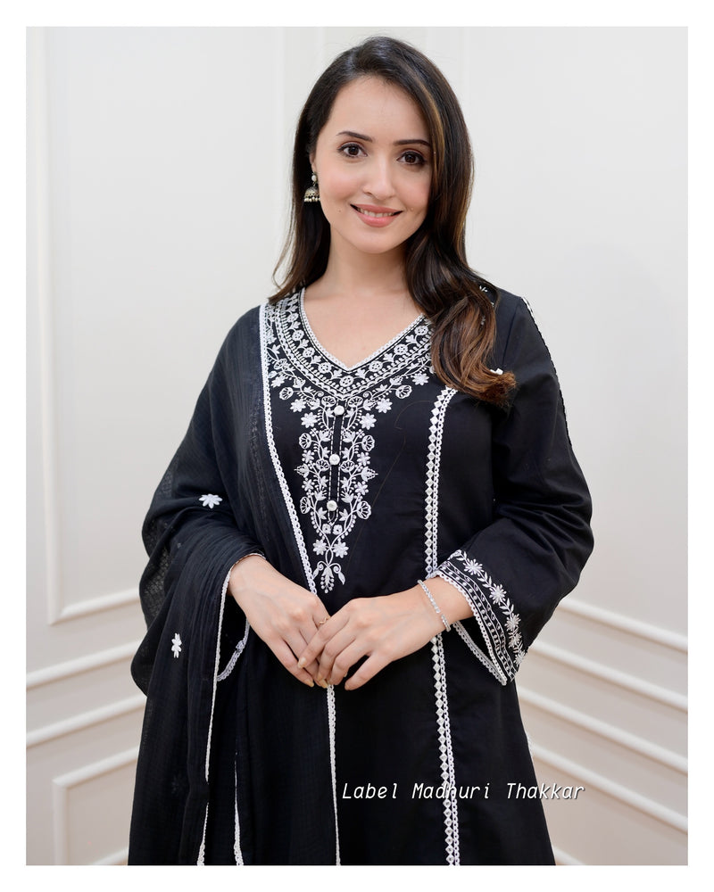 Black Threadwork A Line Afghani Suit
