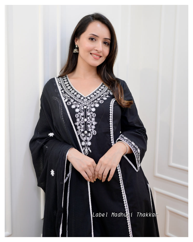 Black Threadwork A Line Afghani Suit